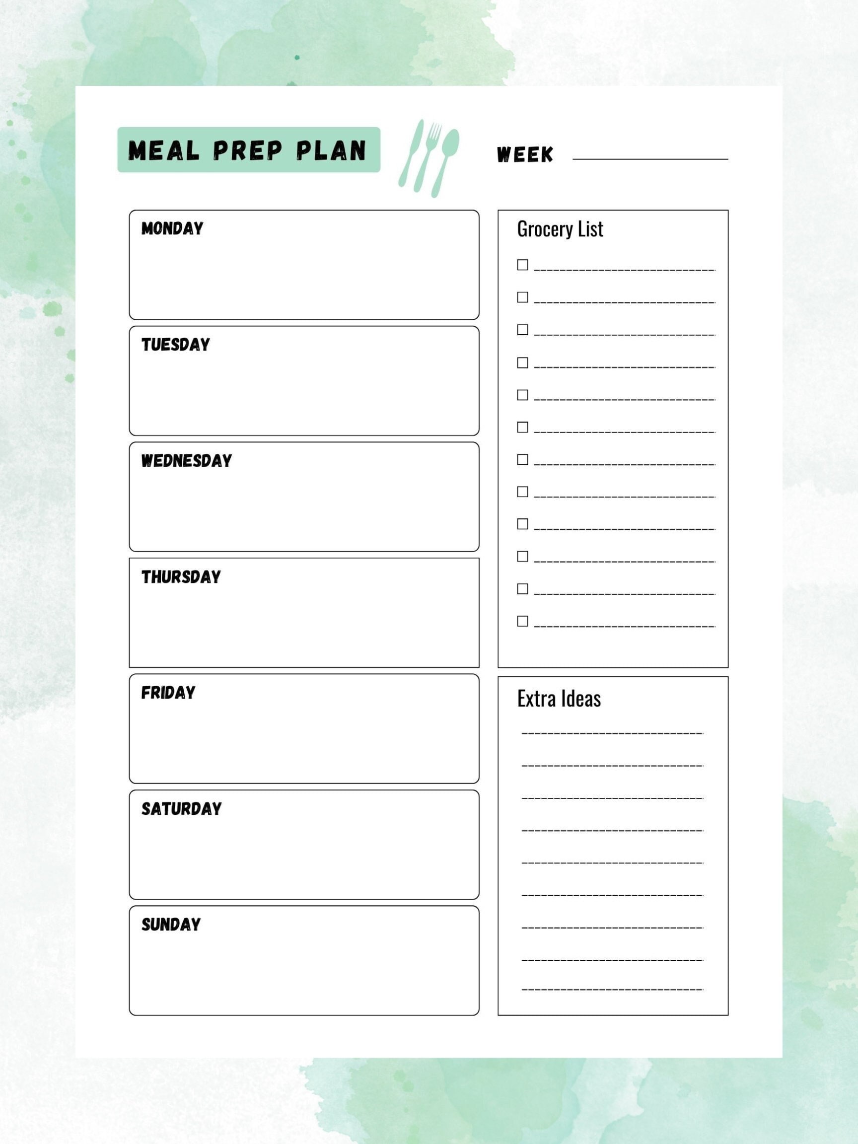 Printable Meal Prep Planner | Grocery List | Health & Fitness | Food