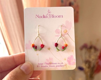 Tulip flower teardop earrings, elegant floral orange red earring gold plated hook nature inspired gift