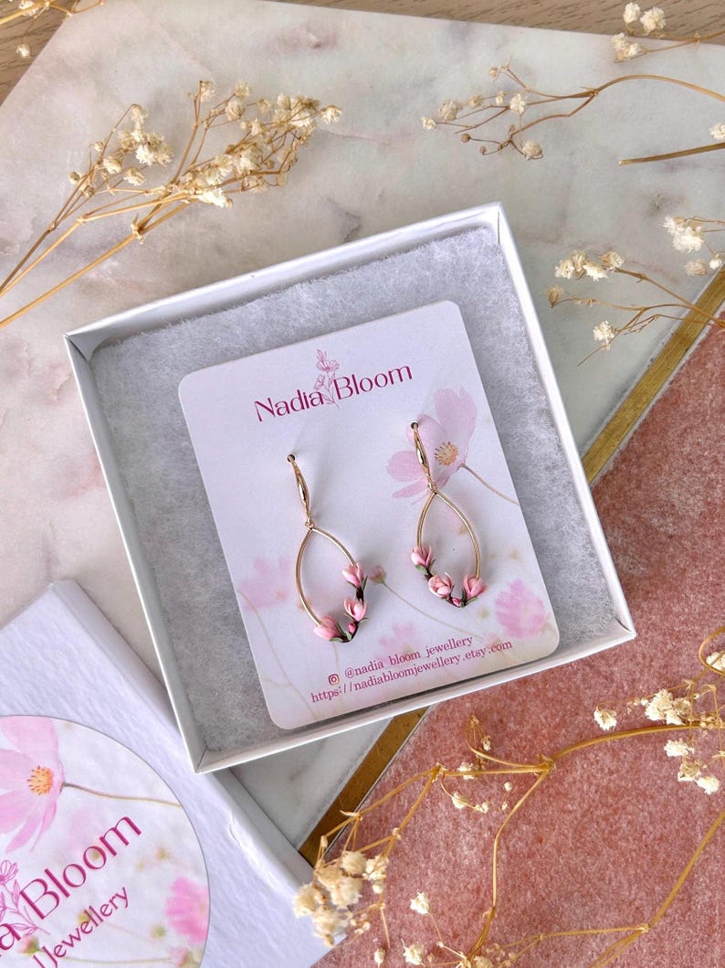 Pink magnolia earrings, flowers spring earring gold plated oval earrings, elegant nature inspired gift image 4