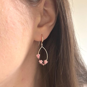 Pink magnolia earrings, flowers spring earring gold plated oval earrings, elegant nature inspired gift image 2