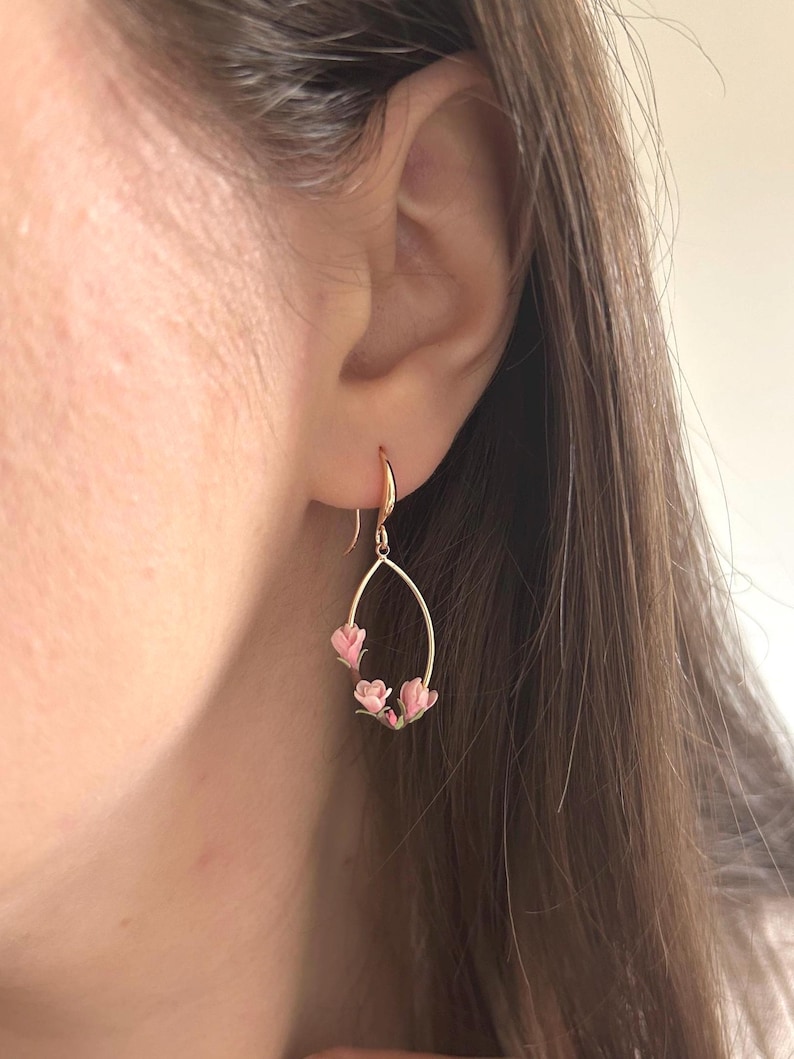 Pink magnolia earrings, flowers spring earring gold plated oval earrings, elegant nature inspired gift image 2