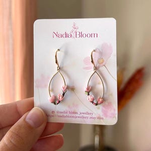 Pink magnolia earrings, flowers spring earring gold plated oval earrings, elegant nature inspired gift image 7