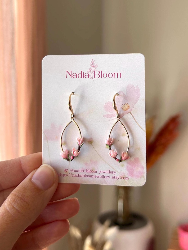 Pink magnolia earrings, flowers spring earring gold plated oval earrings, elegant nature inspired gift image 7