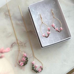 Pink magnolia earrings, flowers spring earring gold plated oval earrings, elegant nature inspired gift image 9