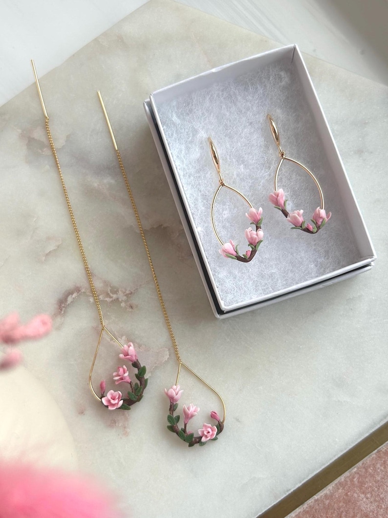 Pink magnolia earrings, flowers spring earring gold plated oval earrings, elegant nature inspired gift image 9