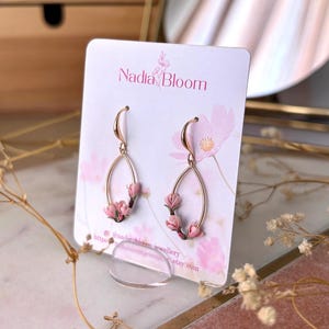Pink magnolia earrings, flowers spring earring gold plated oval earrings, elegant nature inspired gift image 5