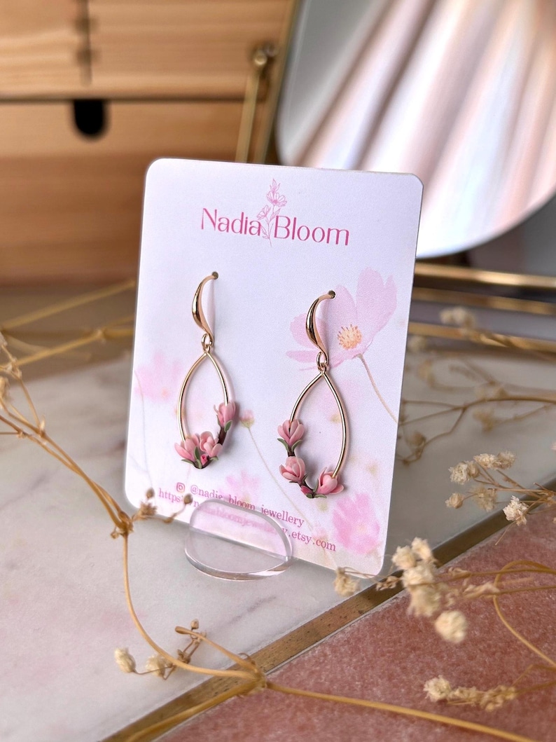 Pink magnolia earrings, flowers spring earring gold plated oval earrings, elegant nature inspired gift image 5