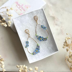 Forget me not earrings, blue flower earrings with sculpted flowers, feminine jewellery, gold and blue flower inspired gift, miscarriage gift