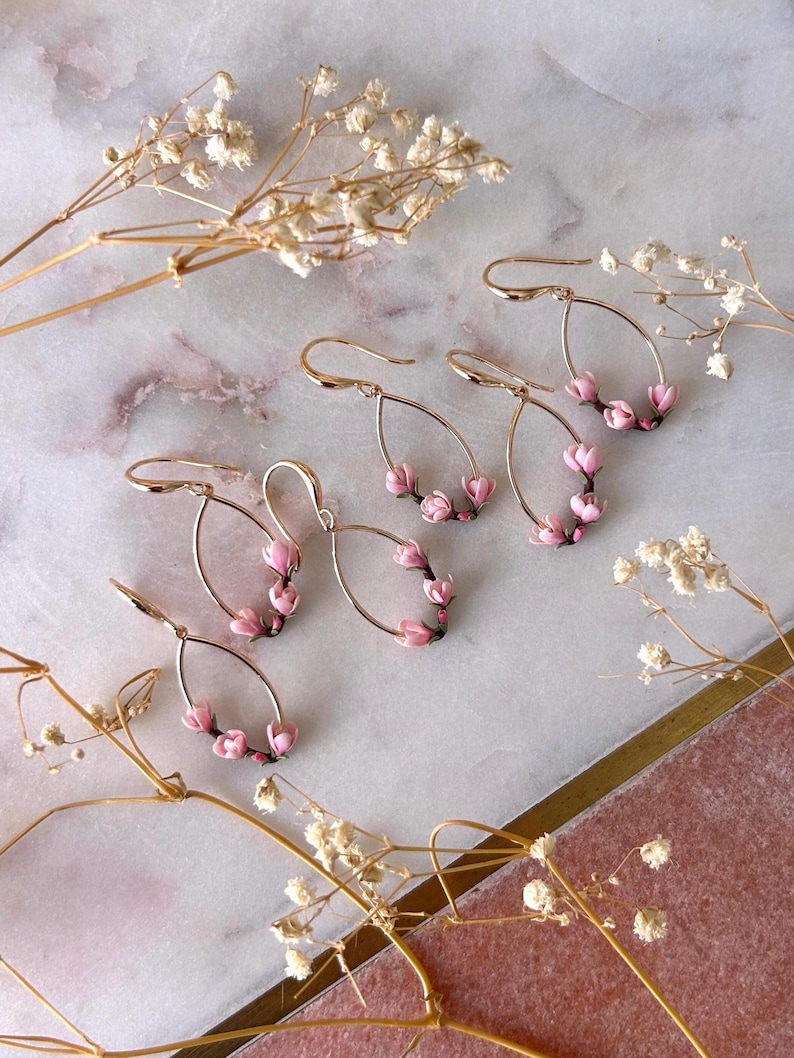 Pink magnolia earrings, flowers spring earring gold plated oval earrings, elegant nature inspired gift image 3