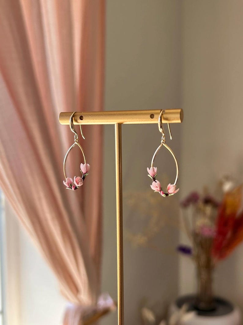 Pink magnolia earrings, flowers spring earring gold plated oval earrings, elegant nature inspired gift image 6