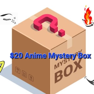 May include: A brown cardboard box with a red question mark on top, labeled "Mystery Box." The text "$20 Anime Mystery Box" is displayed on the box. Cartoon eyes, flames, and a mouth are also shown.