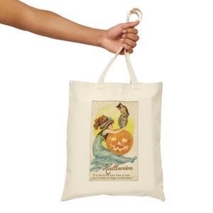 Borsa tote di Halloween, cartolina retrò vintage di Halloween, borsa tote in tela di cotone