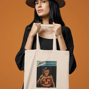 Bolsa tote vintage com cartão postal de Halloween, bolsa tote vintage de lona de algodão da revista Collier's, edição de Halloween de Berlim.