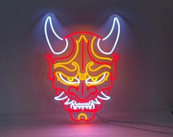 般若 日本のマスク ネオンサイン ライトアップ 鬼マスク サムライ