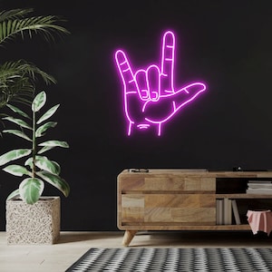 Ti amo mano insegna al neon, ASL, segno della mano, ti amo gesto della mano, decorazione della parete della mano d'amore, insegna luminosa al neon