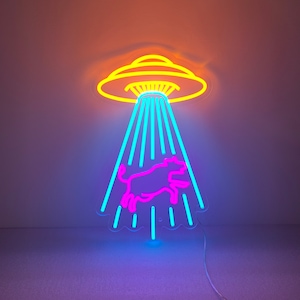 UFO Neon Sign, Kidnapping Cow Neon Sign, Creative UFO Cool Wall Decor, Neon Bar Sign, Birthday Gift Ufo, Flying Saucer Bedroom Neon Light