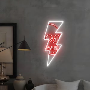 May include: White neon lightning bolt sign with a red skull inside. The skull is outlined in white neon.