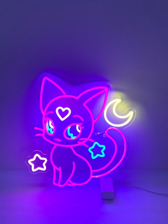 Moon Cat Neon Sign, Cute Cat Led Sign, Cat with Moon Stars, Kawaii Cat Wall Art, Kawaii Room Decor, Girl Game Room Decorations