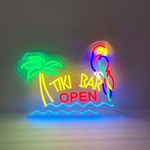 Tiki Bar Open Neon Sign Parrot Palm Tree, Tiki Neon Sign Light, Personalized Tiki Bar Decor, Beach Bar Sign