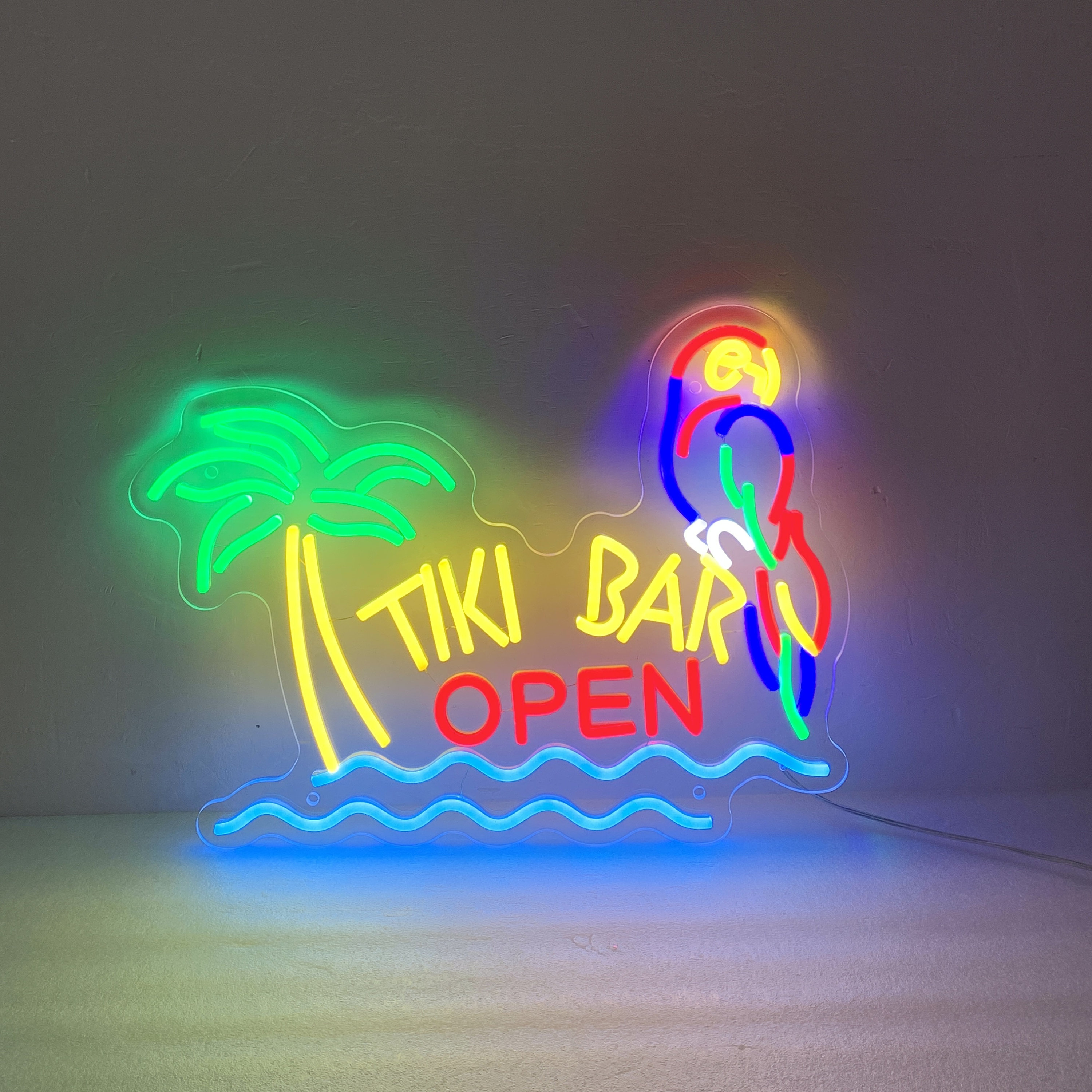 Tiki Bar Open Neon Sign Parrot Palm Tree, Tiki Neon Sign Light