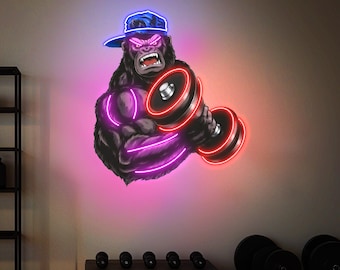 Gorilla Gym Neon Sign Light, Gorilla Gym Wall Lifting Artwork Decoration, Gorilla Muscle Dumbbells Vibrant Led Neon Light