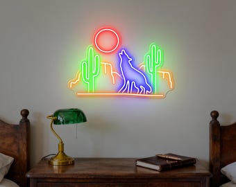 Southwest Coyote Desert Sign – Coyote Howling at the Moon Sign, Southwest Howling Coyote Wall Art, Western Coyote and Cactus Wall Hanging