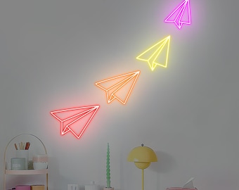 Bunte Papierflieger Leuchtreklame, Papierflieger Kunst für Wohnzimmer, Schlafzimmer, Büro, Kinderzimmer, Reiseliebhaber und Inneneinrichtung