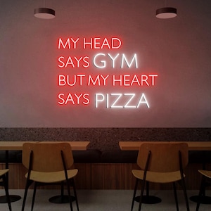 My Head Says Gym But My Heart Says Pizza Led Neon Light, Fast Food Restaurant Wall Decoration, Pizza Bar Decor Ideas, Pizza Shop Signs