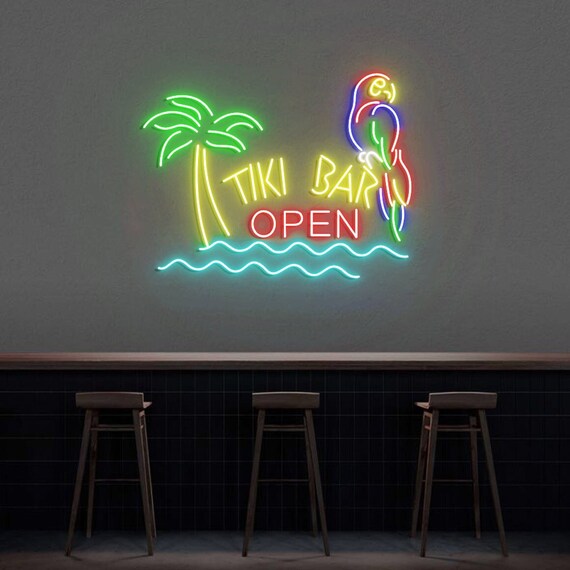 Tiki Bar Open Neon Sign Parrot Palm Tree, Tiki Neon Sign Light