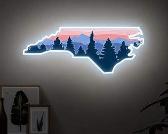 North Carolina Forest Neon Sign Light, North Carolina Outline Art Acrylic Artwork, North Carolina State for Home Wall Decoration, NC Gifts