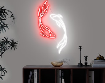 Japanese Koi Fish Yin Yang LED Neon Sign, Japanese-Inspired Light Decor for Studio, Koi Wall Light Decor, Symbol of Balance & Energy