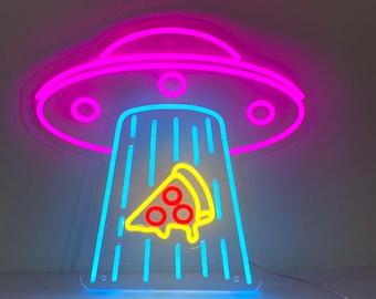 UFO Abducting Pizza, Led Neon Sign, Creative Home Bedroom Wall Decor, Pizza Wall Art