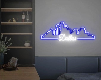 Insegna al neon della città di Dallas, insegna al neon dello skyline di Dallas, Texas, arredamento per la casa di Dallas, regalo per la nuova casa, insegna personalizzata dello skyline di una città degli Stati Uniti