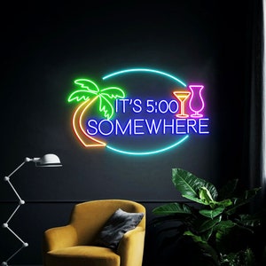 It&#39;s 5 O&#39;clock somewhere Neon Sign, Palm Tree Led Sign, Tiki Bar Decor, Cocktail Neon Sign, Bar Neon Sign