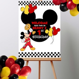 Red Mickey Mouse Race Car 1st Birthday Welcome Sign | Personalized Baby Birthday Party Decor | Boys First Birthday Digital Sign