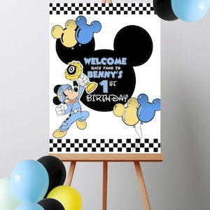 Blue Mickey Mouse Race Car 1st Birthday Welcome Sign | Personalized Baby Birthday Party Decor | Boys First Birthday Digital Sign
