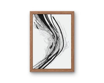 May include: Abstract black and white line art print in a wooden frame. The lines are swirling and dynamic, creating a sense of movement.