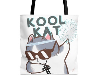 Kool Kat Tote Bag, Cat Mom Shopping Tote Bag, Reusable Grocery Bag, Weekend Vacation Handbag, Casual Kitten Bag With Strap, Beach Bag