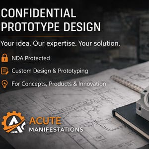 May include: Image features a gray metal prototype component with a circular opening, resting on a black notebook. The text reads "CONFIDENTIAL PROTOTYPE DESIGN" and "ACUTE MANIFESTATIONS". Additional text includes "NDA Protected" and "Custom Design & Prototyping".