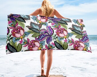 Large Floral Sublimated Beach Towel: Cotton-Polyester Blend