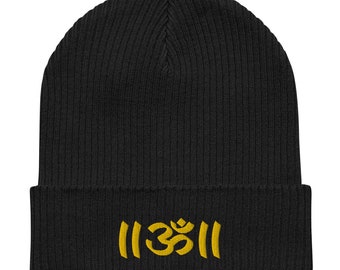 Om Beanie - Embroidered Spiritual Knit Hat - Yoga Meditation Gift - Cuffed Ribbed Winter Cap - Sanskrit Symbol Slouchy Hat for Men Women