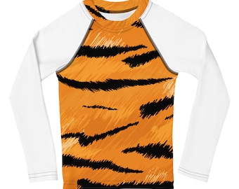 Kids Rash Guard Tiger Stripes Print Long Sleeve Shirt, Sun Protective Swimsuit