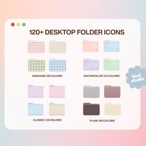 May include: A digital art graphic showcasing 120+ desktop folder icons in various styles. The image features folders in gingham, watercolor, classic, and plain designs, each with a different color palette. The text reads "120+ DESKTOP FOLDER ICONS".