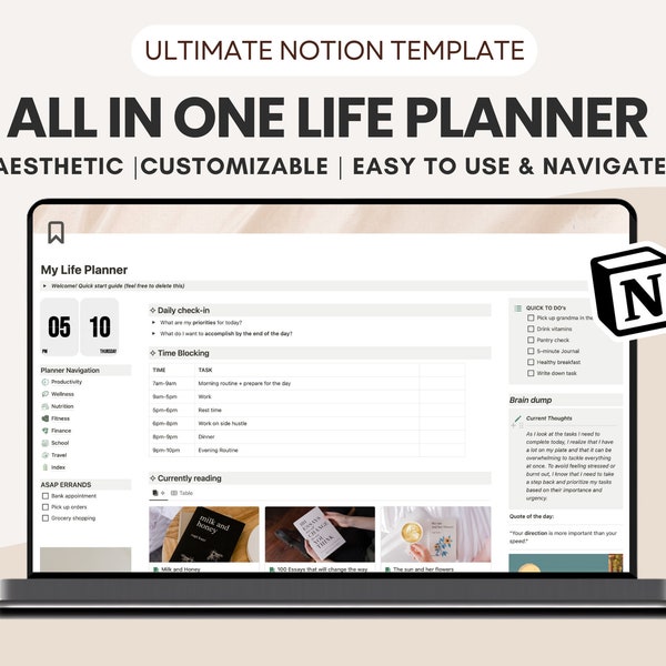 ALL IN ONE Notion Life Planner | Ultimate Life Dashboard Notion Template | Productivity, Wellness, Finance, Fitness, Travel, School Planner