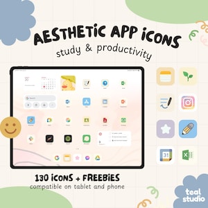 以下が含まれることがあります： デジタルタブレットの画面に、パステルカラーの背景にカラフルなアプリアイコンの集まりが表示されています。画面の上部には「AESTHETIC APP iCONS study & productivity」というテキストが表示されています。画面の下部には「130 ICONS + FREEBIES compatible on tablet and phone」というテキストが表示されています。