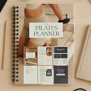 May include: A spiral-bound notebook titled "The Pilates Planner" with a beige cover featuring an image of a person doing Pilates. The image includes a pencil, scissors, and other stationery items. The planner includes sample pages.