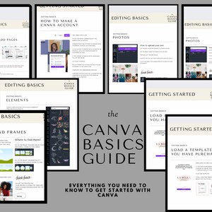 May include: A collection of digital guides titled "Editing Basics" and "Getting Started" for Canva. The guides cover topics like cloning pages, adding elements, and uploading photos. The Canva Basics Guide is featured prominently, with the text "Everything You Need to Know to Get Started with Canva."