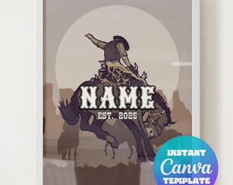 Cowboy Nursery Print: Western Bronc Rider Name Sign (Canva Template)