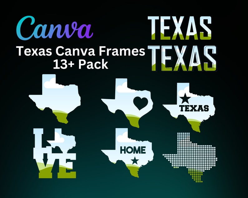 Pode incluir: Um conjunto de 13+ molduras Canva Texas com diferentes designs, incluindo um cora&ccedil;&atilde;o, uma estrela e a palavra "HOME". As molduras s&atilde;o de v&aacute;rias cores, incluindo verde, azul e branco.