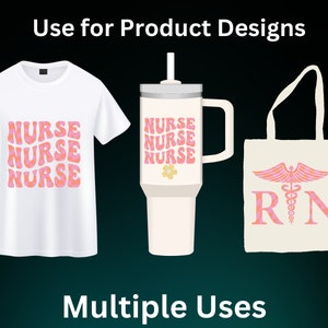 May include: Three different products featuring a pink and orange "NURSE" design. A white t-shirt with the word "NURSE" repeated four times, a white travel mug with the word "NURSE" repeated three times, and a white tote bag with a pink and orange medical symbol and the letters "RN".